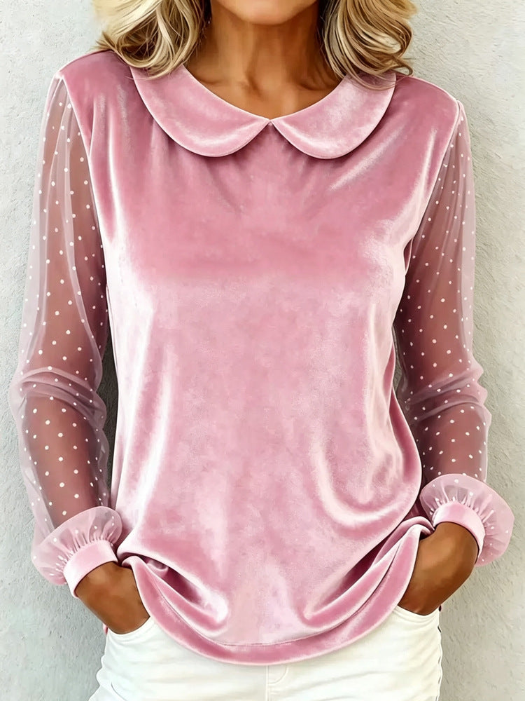 Damen Kuschelige Samtbluse mit Peter-Pan-Kragen und gepunkteten Mesh-Ärmeln – Élovi