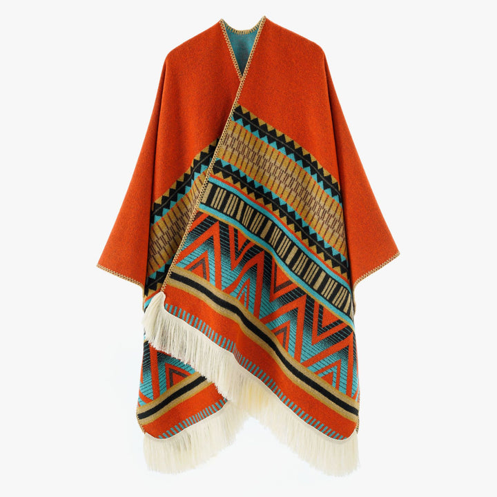 Damen Jacquard‑Ruana mit Fransen und folklorem Muster – Avérine
