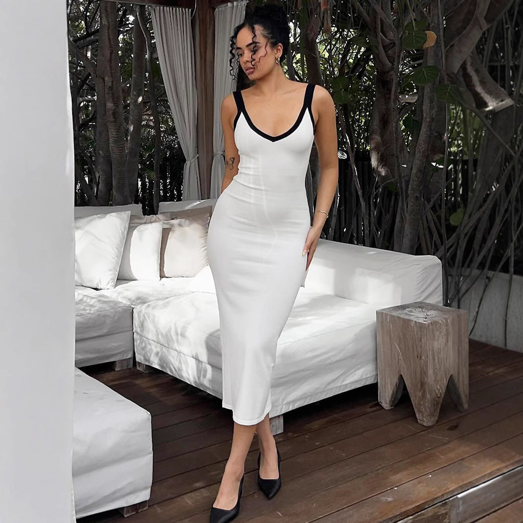 Damen Figurbetontes Midikleid mit tiefem V-Ausschnitt und kontrastierenden Trägern Echo Archiv