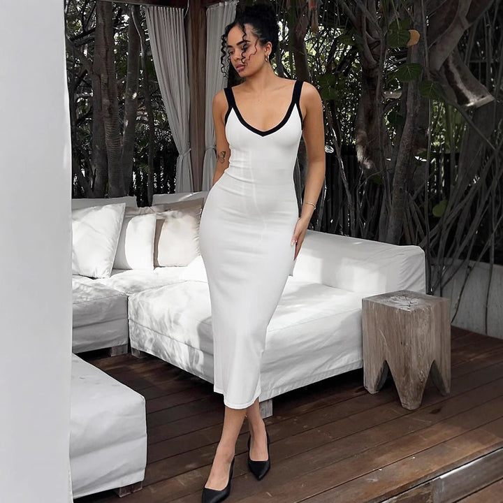 Damen Figurbetontes Midikleid mit tiefem V-Ausschnitt und kontrastierenden Trägern Echo Archiv