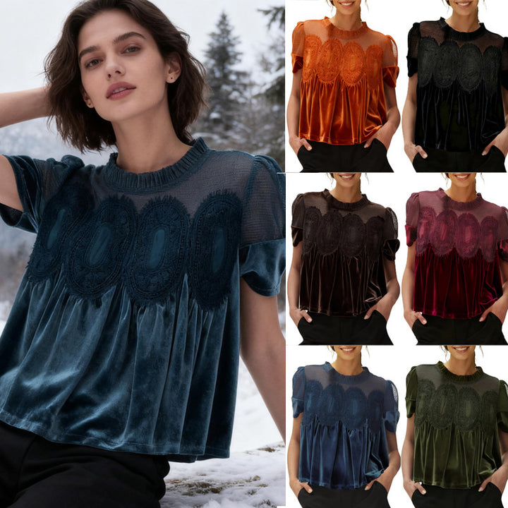 Damen Samtbluse mit Spitzenbesatz, transparentem Einsatz und geraffter A-Linie – Élovi