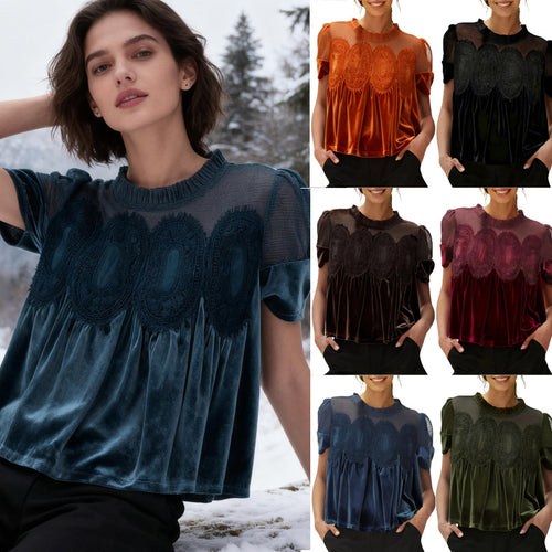 Damen Samtbluse mit Spitzenbesatz, transparentem Einsatz und geraffter A-Linie – Élovi