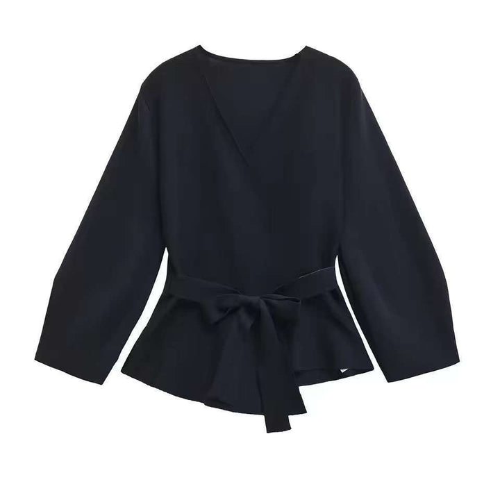 Damen Taillierte Bluse mit Wickelgürtel und Schößchen – Élovi