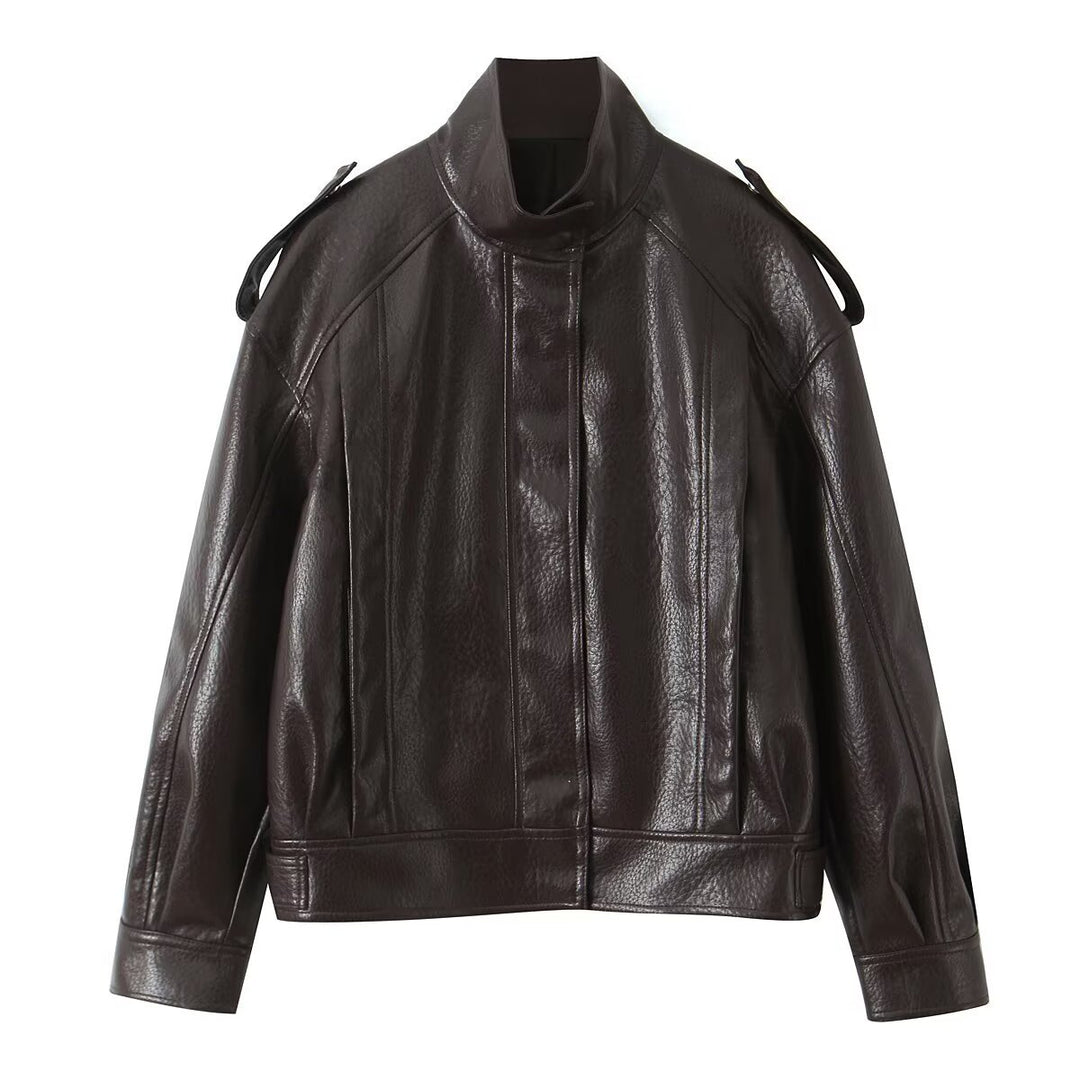 Damen Cropped Bomberjacke aus Kunstleder mit hohem Stehkragen und Schulterklappen Echoarchiv