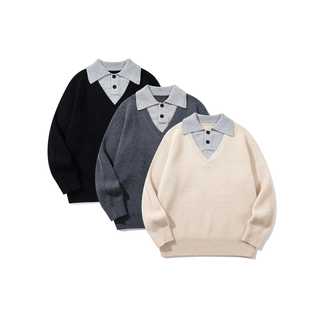 Herren Gerippter Strickpullover mit Polokragen‑Einsatz und tiefem V‑Ausschnitt Echoarchiv