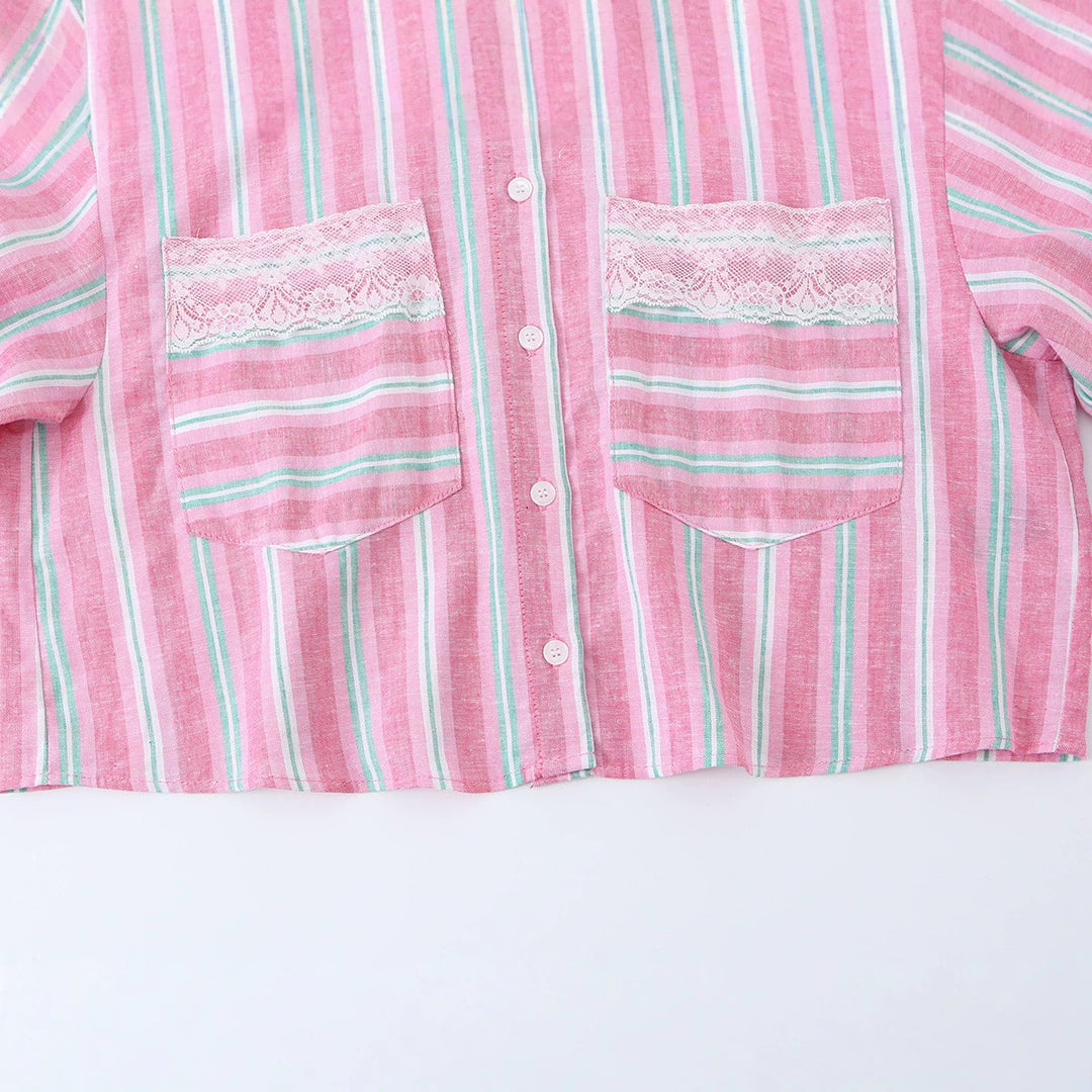 Damen Kurz geschnittene Leinenbluse mit Streifenmuster und Spitzenbrusttaschen Echo Archiv