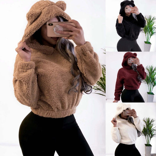 Damen Kurzer Kapuzen‑Sherpa‑Pullover mit Kängurutasche und elastischem Saum Echo Archiv