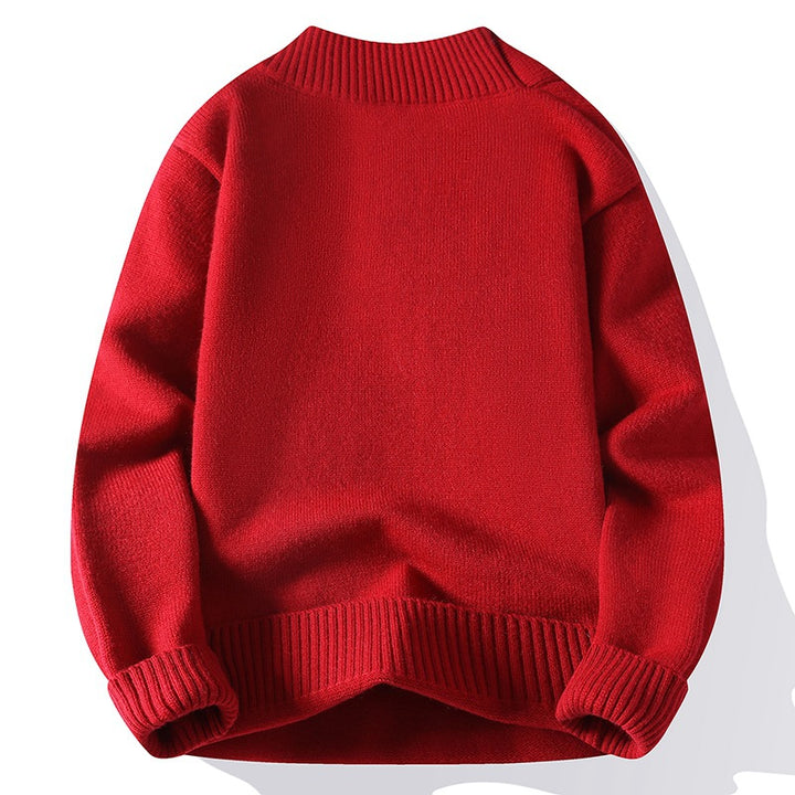 Herren V-Ausschnitt Strickpullover mit integriertem Kontraststreifen-Schal und gerippten Bündchen Echo Archiv