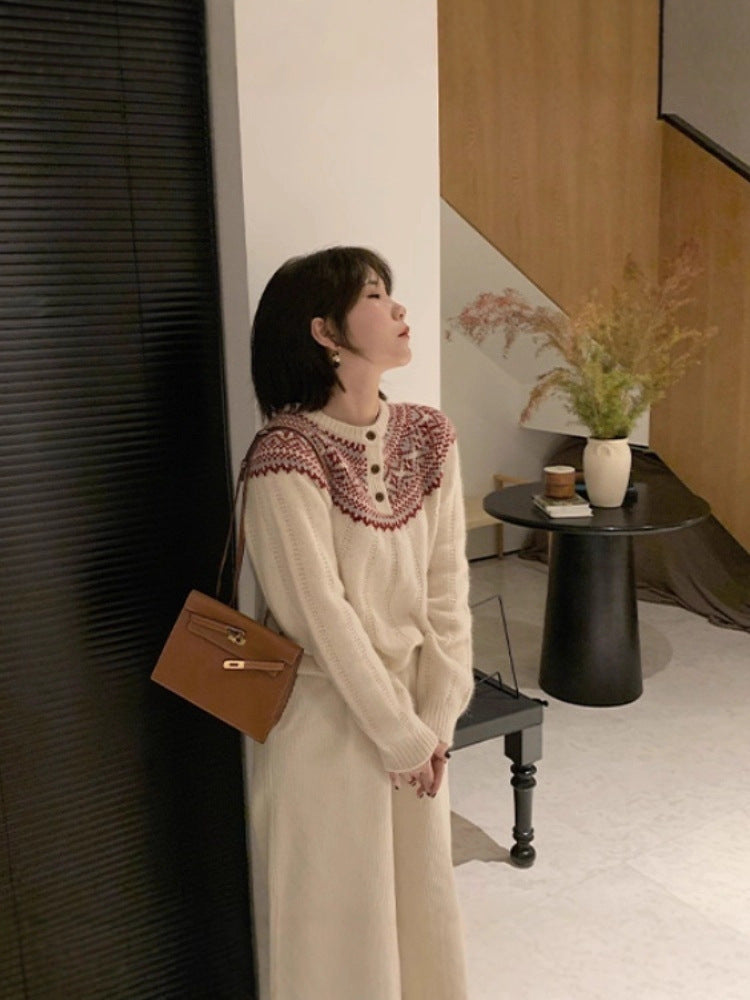 Damen Norwegermuster-Rundpassepullover mit Knopfleiste und Mohair‑Look Echoarchiv