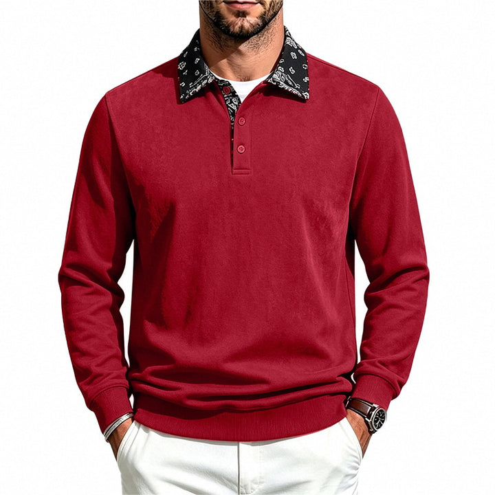 Herren Langarm-Polo aus Baumwollmischung mit kontrastierendem Hemdkragen – Cavello