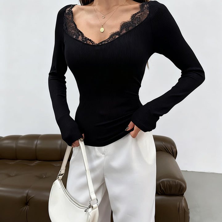 Damen Figurbetontes Langarmshirt mit Spitzen-V-Ausschnitt – Avérine