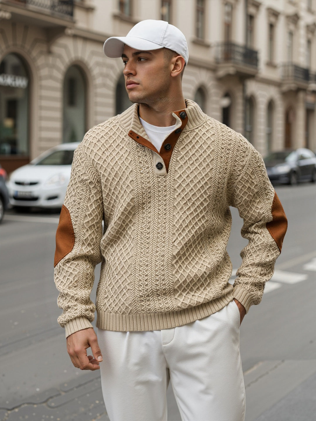 Herren Troyer-Pullover mit Stehkragen, strukturierter Strickoptik und Kontrast-Ellbogenpatches Echoarchiv