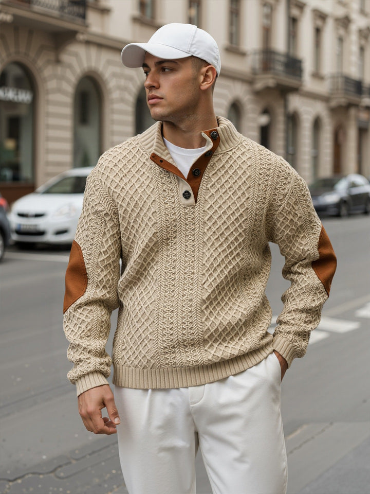 Herren Troyer-Pullover mit Stehkragen, strukturierter Strickoptik und Kontrast-Ellbogenpatches Echoarchiv