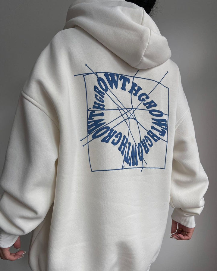 Damen Oversized Kapuzenpullover mit abstraktem Rückenprint und gerippten Bündchen Echoarchiv