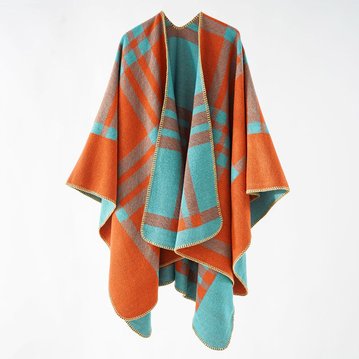 Damen Oversize-Webponcho im kastigen Kimono-Fall mit geometrischer Karo-Struktur Echo Archiv