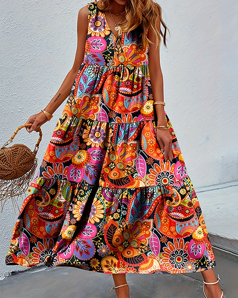 Damen nan stufenförmiges Boho-Maxikleid mit V-Ausschnitt und geraffter Unterbrustnaht Echo Archiv