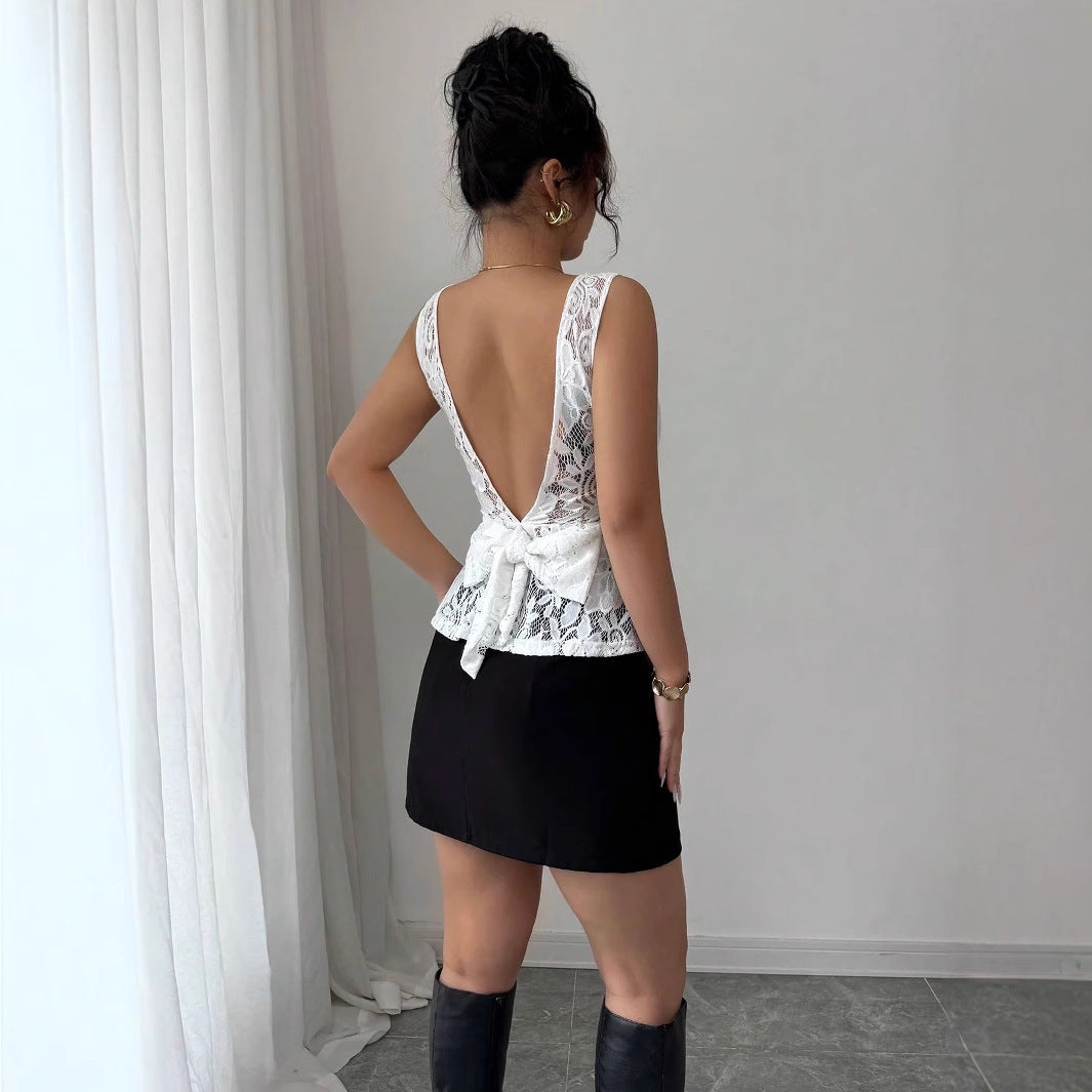 Damen nan tailliertes ärmelloses Spitzen-Peplum-Top mit gefütterter Brustpartie und transparentem Volant Echo Archiv