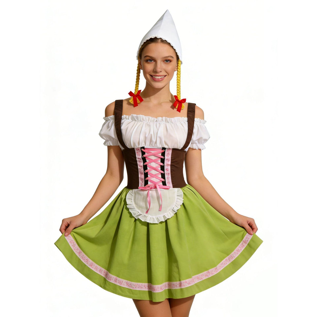 Damen nan traditionelles Oktoberfest Dirndl Kostüm mit Schnürkorsett, Schürze und Zipfelmütze Echo Archiv