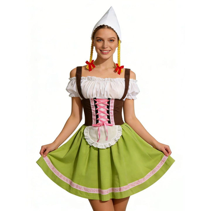 Damen nan traditionelles Oktoberfest Dirndl Kostüm mit Schnürkorsett, Schürze und Zipfelmütze Echo Archiv