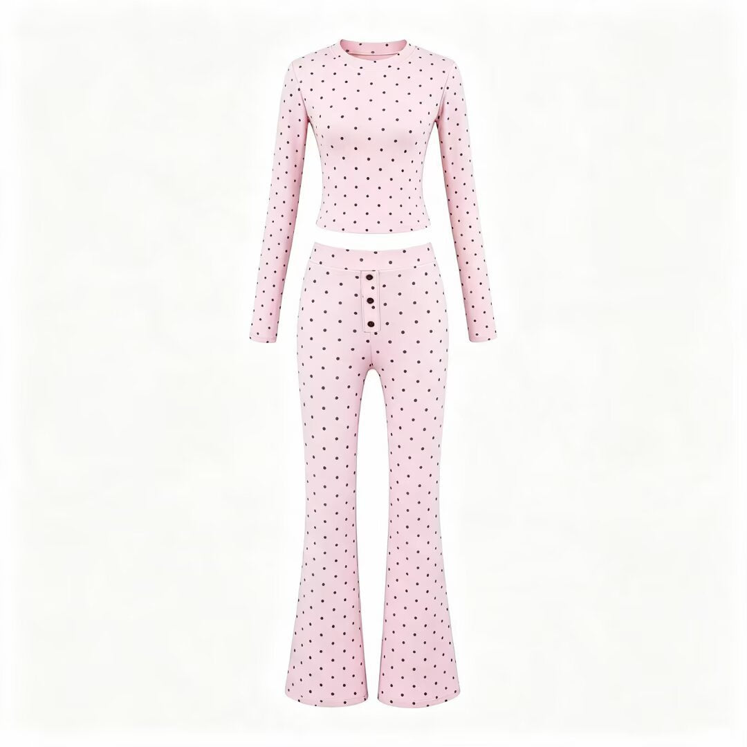 Damen Zweiteiliges Stretch-Jersey Lounge-Set mit Cropped Longsleeve und High‑Waist Schlaghose Echoarchiv