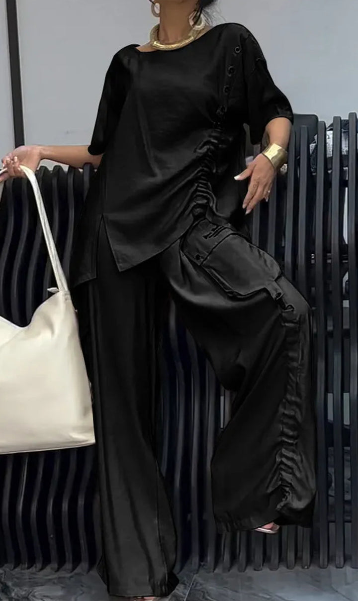 Damen nan legeres zweiteiliges Set mit übergroßem Rundhals-Shirt, seitlicher Raffung und weiter Cargo-Hose Echo Archiv