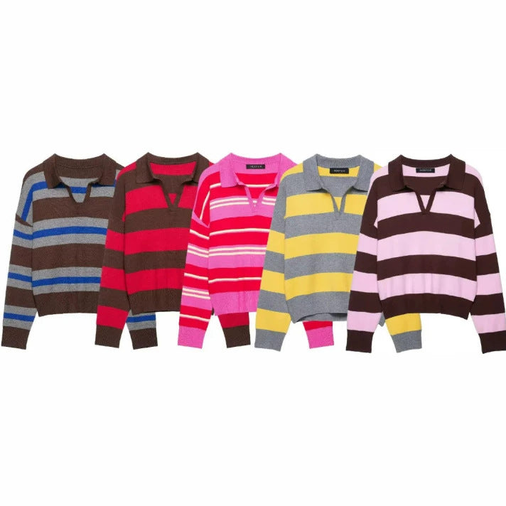 Damen Cropped Rugby-Strickpullover mit Kentkragen und V‑Ausschnitt Echo Archiv