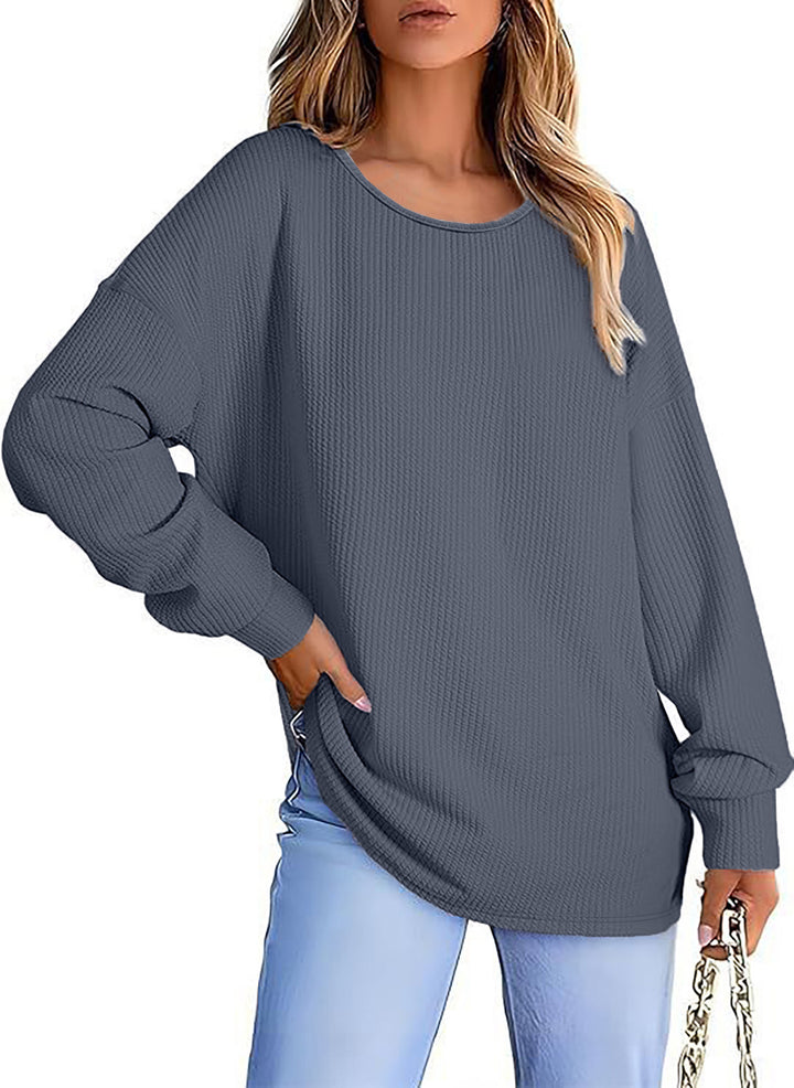 Damen Oversize Waffelstrickpullover mit Rundhals, Ballonärmeln und verlängertem Saum Echoarchiv