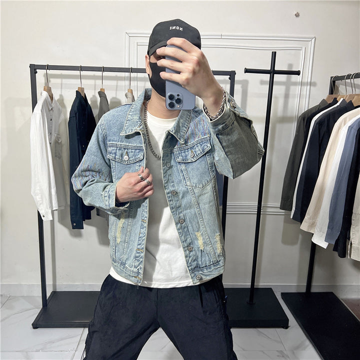 Herren Modische Jeansjacke mit kreativen Applikationen Echoarchiv