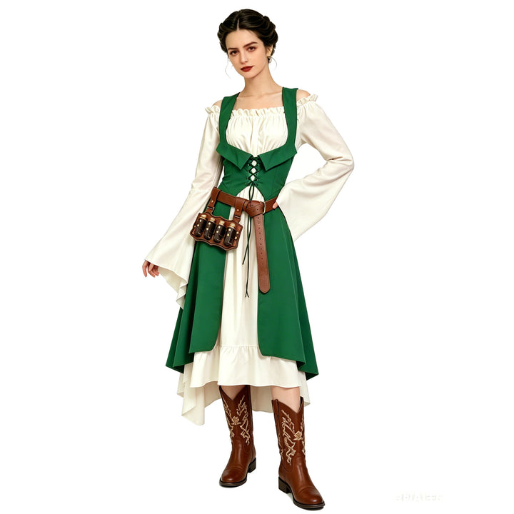 Damen nan schulterfreies Boho Maxikleid mit Volants, asymmetrischem Saum und Glockenärmeln Echo Archiv
