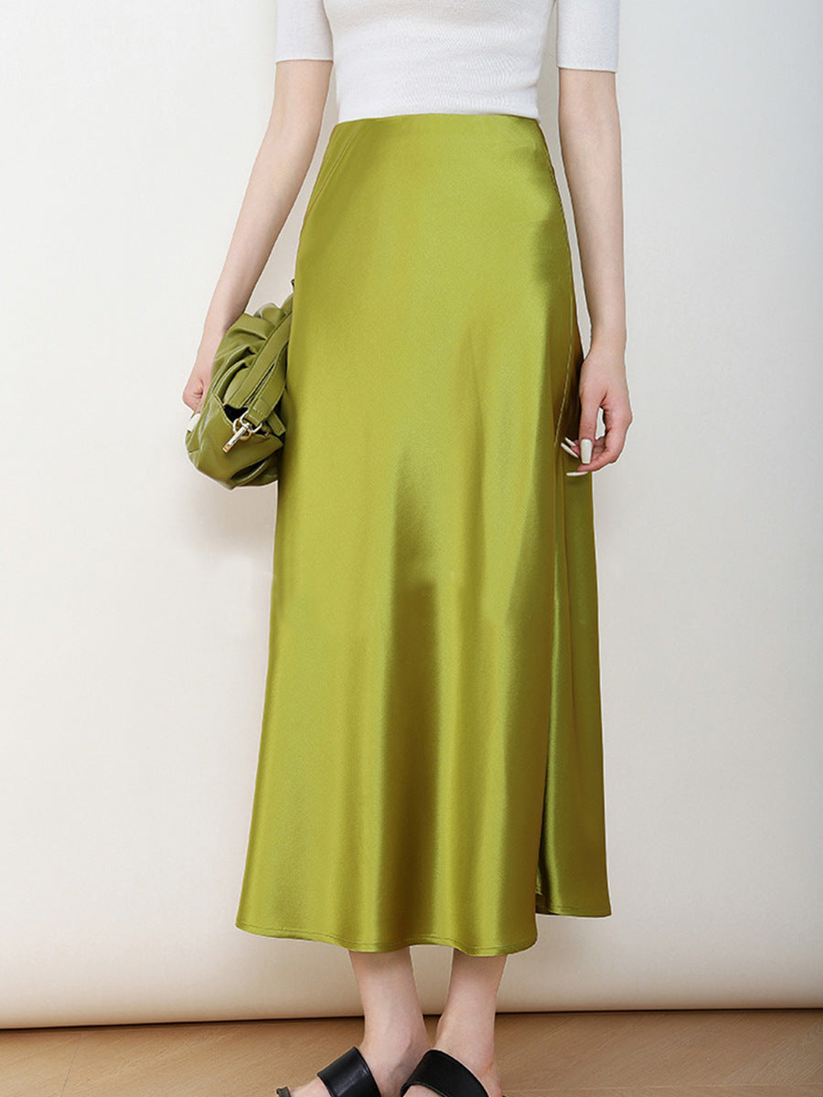 Damen Eleganter Hochtaillierter Satin-Midirock Echoarchiv