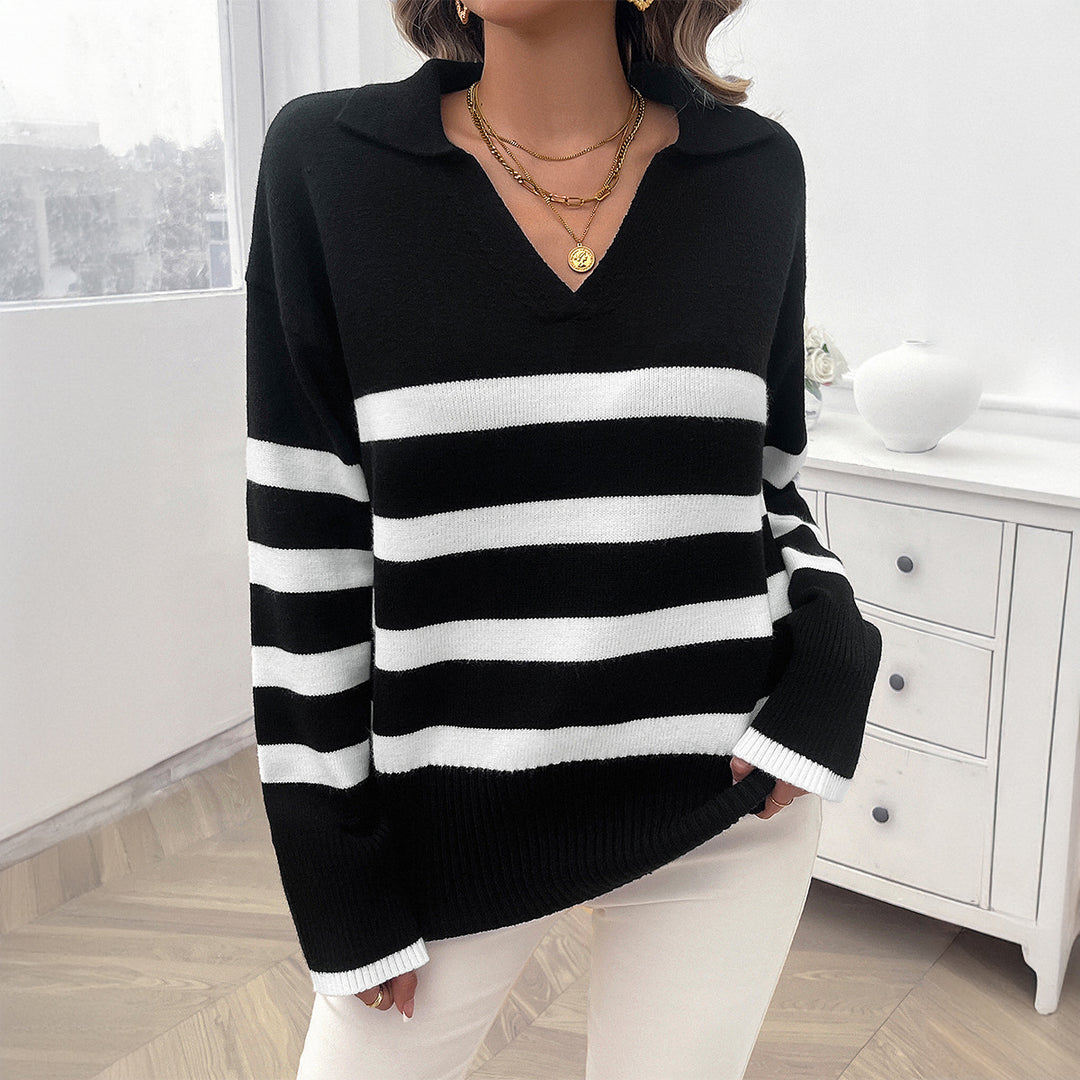 Damen lässiger V‑Ausschnitt Strickpullover mit Polokragen, gerippten Ärmelsäumen und markanten Blockstreifen – Mavelle