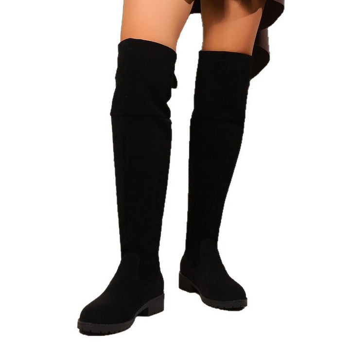 Damen Overknee‑Stiefel aus Veloursoptik mit niedrigem Blockabsatz und profilierter Gummisohle – Lioré