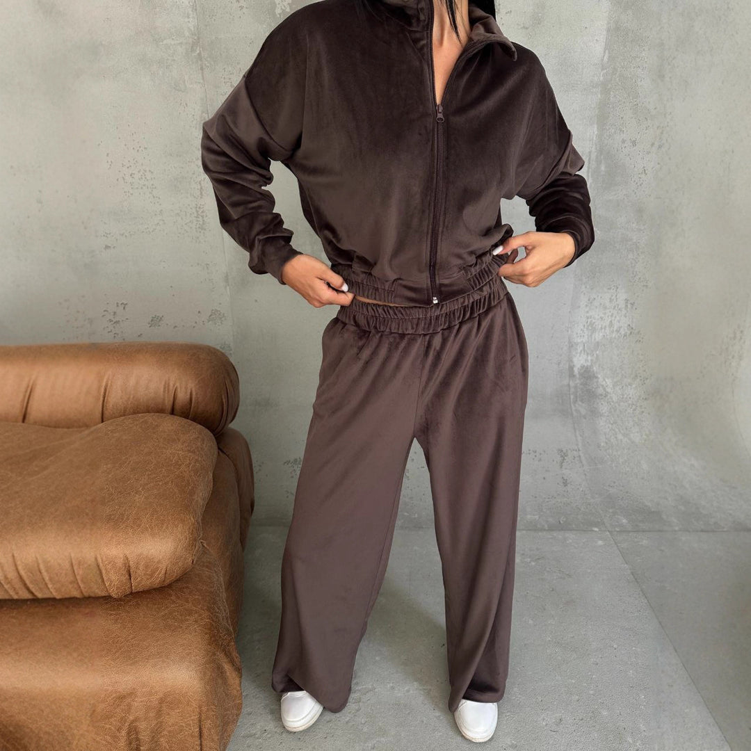 Damen Samt-Loungewear-Set mit kurzem Reißverschluss und geraffter Taillenpartie – Élanora