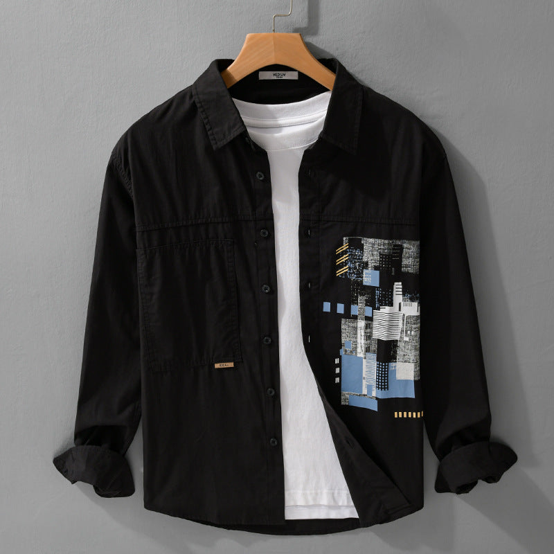 Herren Leichtes Baumwoll-Canvas-Overshirt mit abstraktem Frontprint und Doppelbrusttasche Echoarchiv