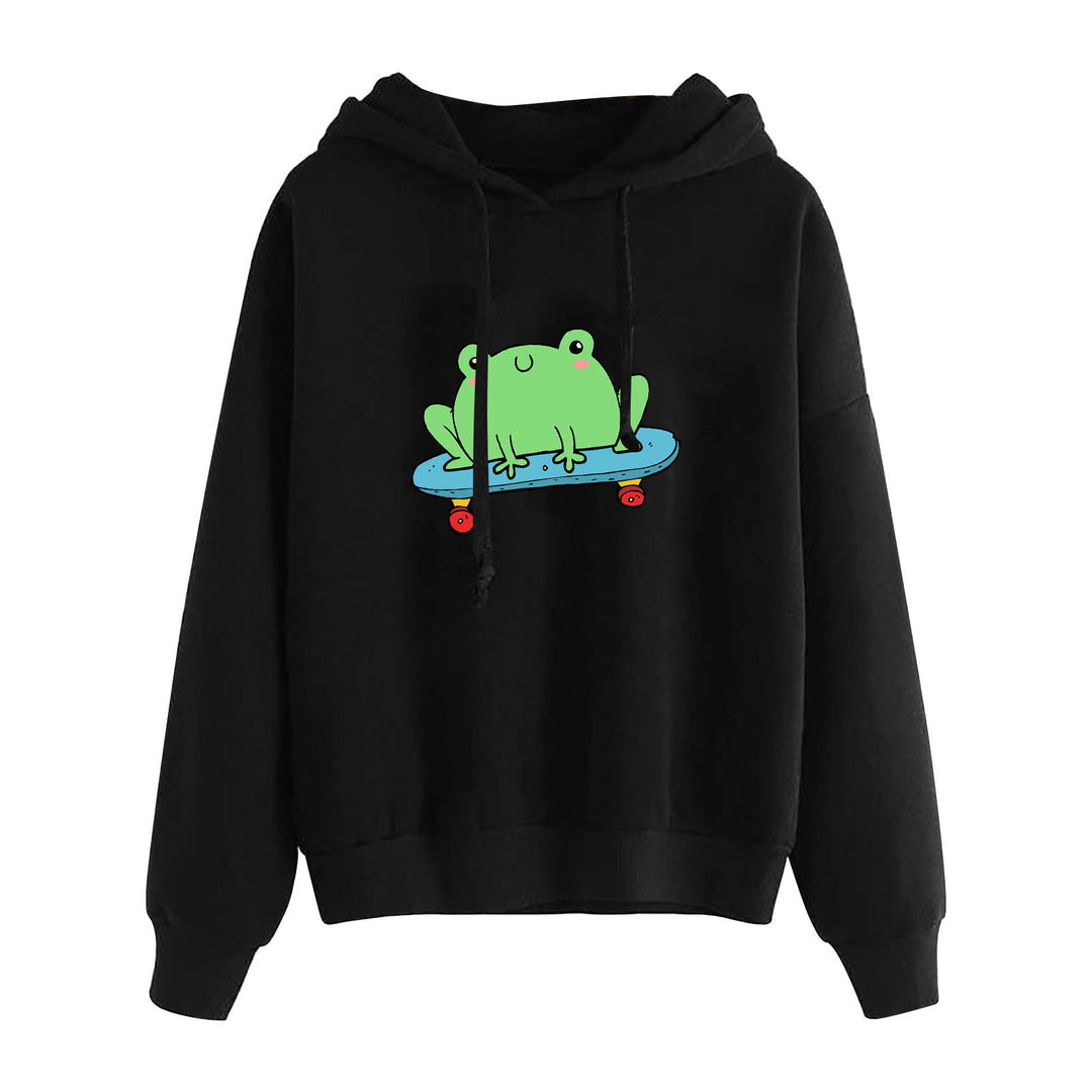 Damen kurz geschnittener Cropped-Kapuzenpullover mit niedlicher Frosch-Illustration und verstellbarer Kapuze – Auréline