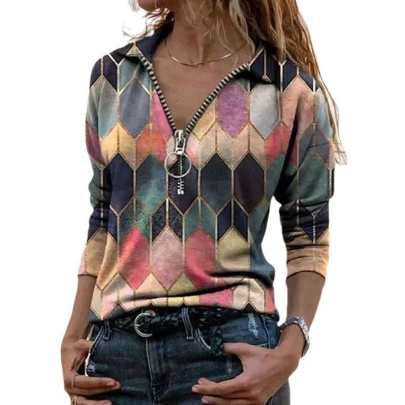 Damen Zip-Pullover mit Polokragen, grafischem Rautenprint und schmaler Passform Echo Archiv