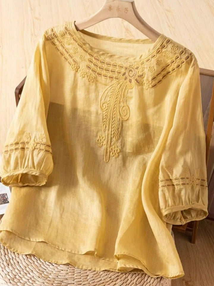 Damen Bestickte Leinenoptik-Bluse mit Rundhalsausschnitt und Dreiviertelärmeln – Élovi