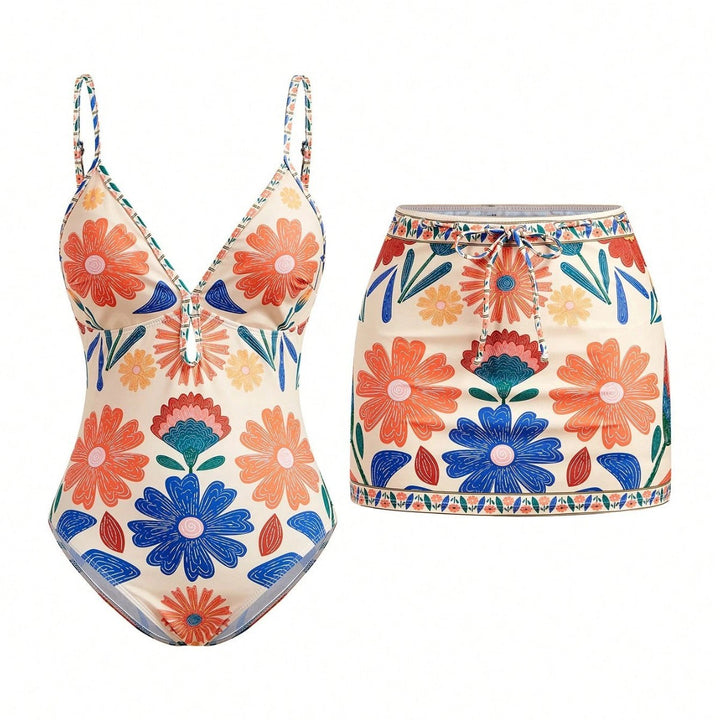 Damen Badeanzug mit floralem Design und abnehmbarem Rock Echo Archiv