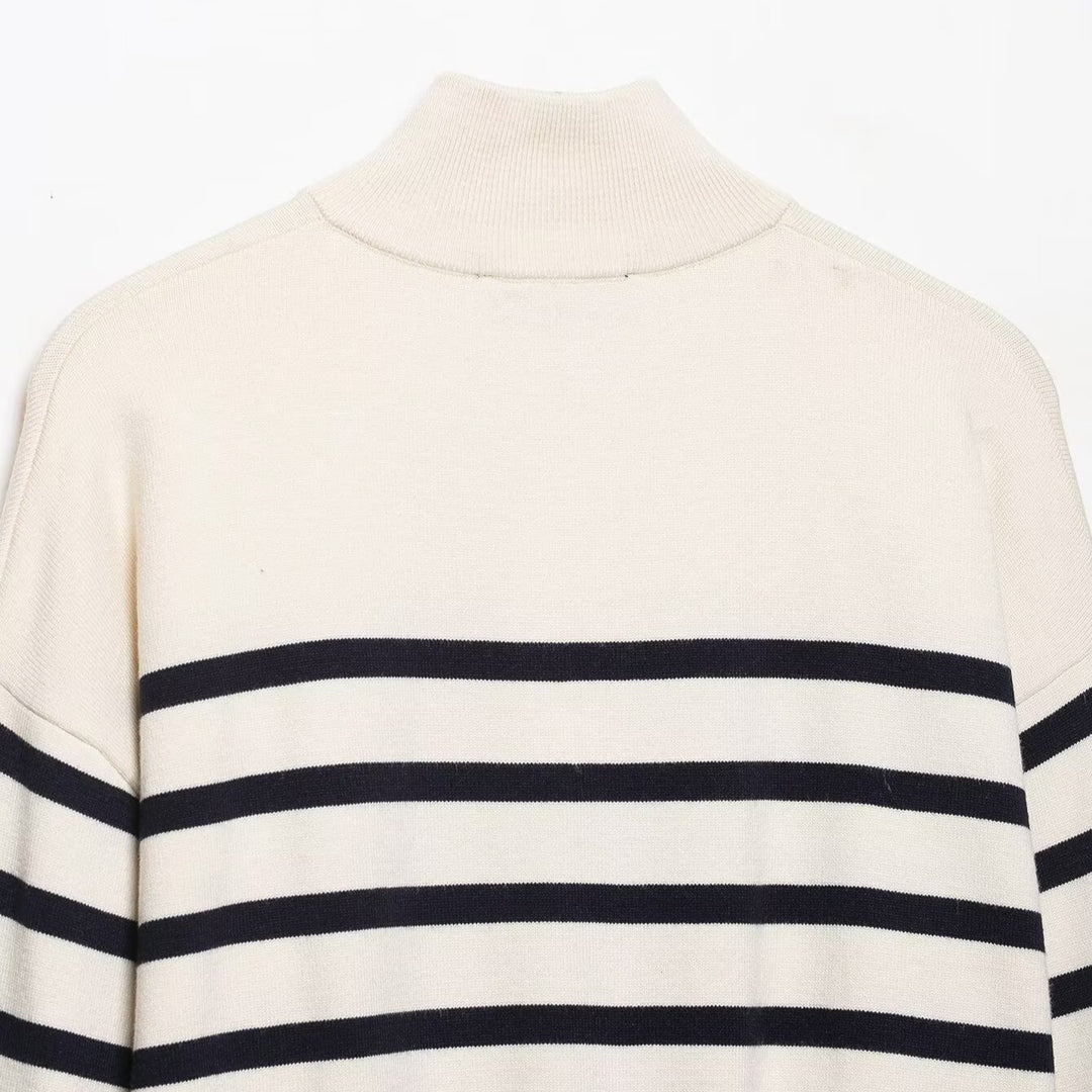 Damen Cropped Boxy Strickpullover mit halbem Reißverschluss, Stehkragen und breiten Streifen Echoarchiv