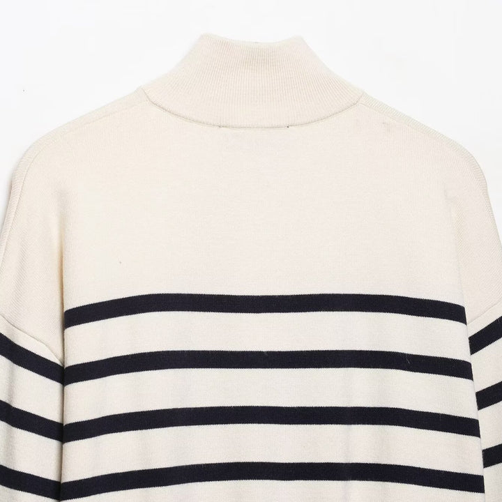 Damen Cropped Boxy Strickpullover mit halbem Reißverschluss, Stehkragen und breiten Streifen Echoarchiv