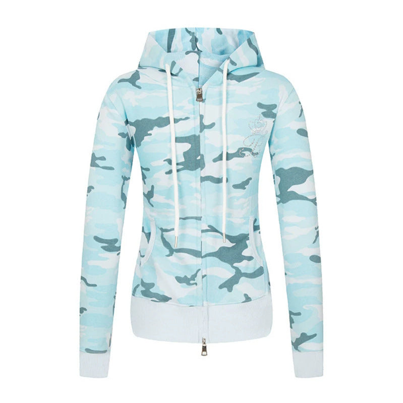 Damen Kapuzen-Sweatjacke mit zweiseitigem Reißverschluss, Camouflage-Print und Strass‑Schmetterling Echoarchiv