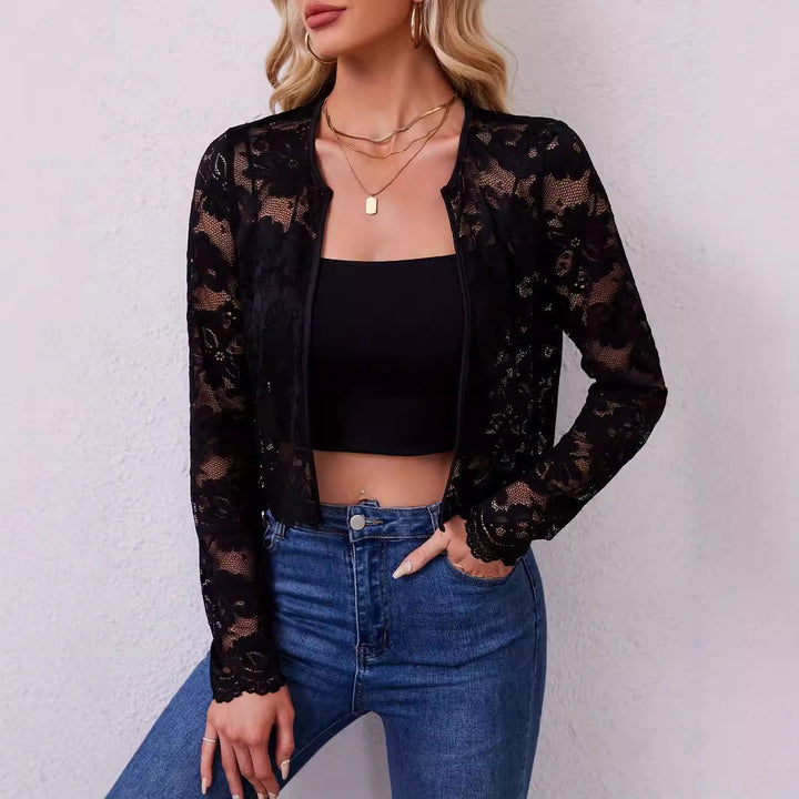 Damen nan kurz geschnittene transparente Spitzenbolerojacke mit floraler Spitze und Hakenverschluss Echo Archiv