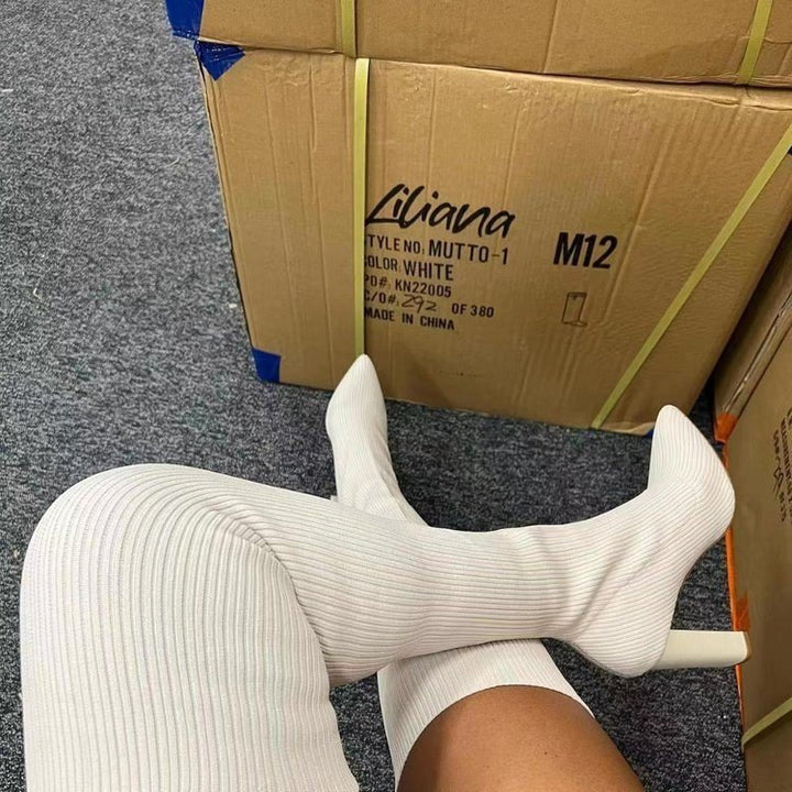 Damen Overknee-Stretch-Stiefel mit Rippstrickschaft und spitzer Schuhspitze Echoarchiv