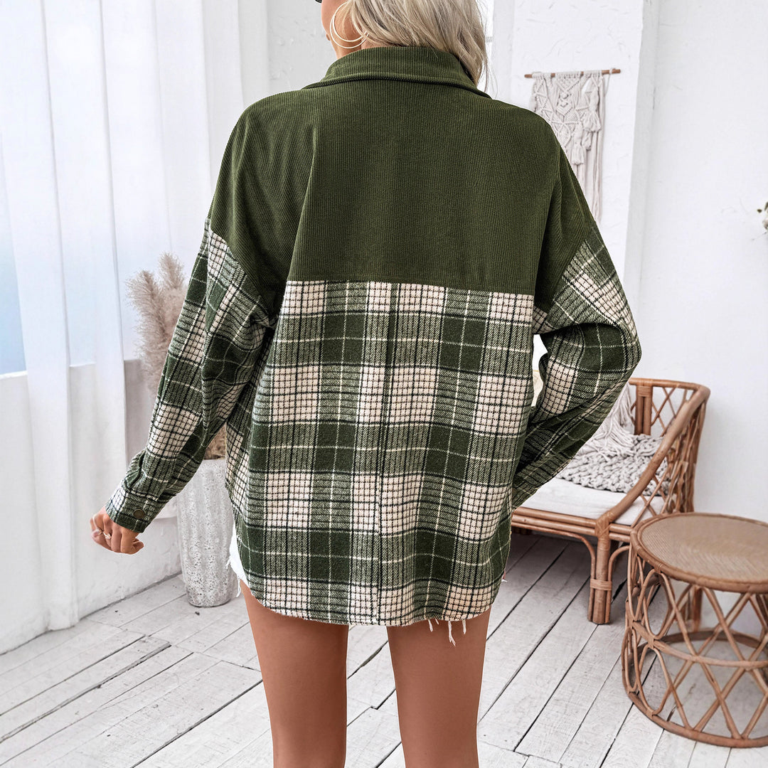 Damen Oversize-Hemdjacke im Karo mit Cordkragen und aufgesetzten Brusttaschen – Avérine