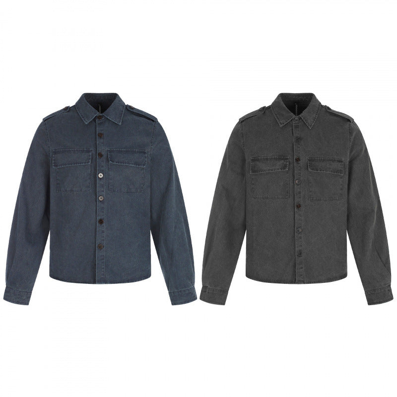 Damen Kastenförmige Overshirt-Jacke aus Denim mit Schulterklappen und aufgesetzten Brusttaschen Echo Archiv