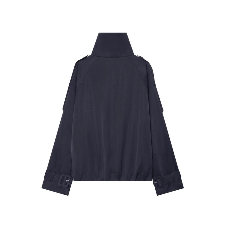 Damen Kurzes Doppelreiher‑Cape‑Trench mit hohem Funnelkragen und Ärmelriemen Echoarchiv