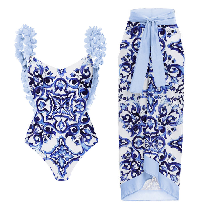 Damen Eleganter Badeanzug mit Rüschendetails und passendem Wickelrock Echo Archiv