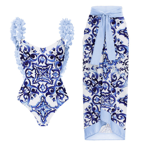 Damen Eleganter Badeanzug mit Rüschendetails und passendem Wickelrock Echo Archiv