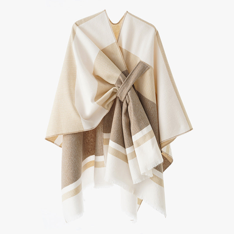 Damen Oversize-Capeponcho aus Wollmix mit Bindeschlaufe und Streifenbordüre Echo Archiv