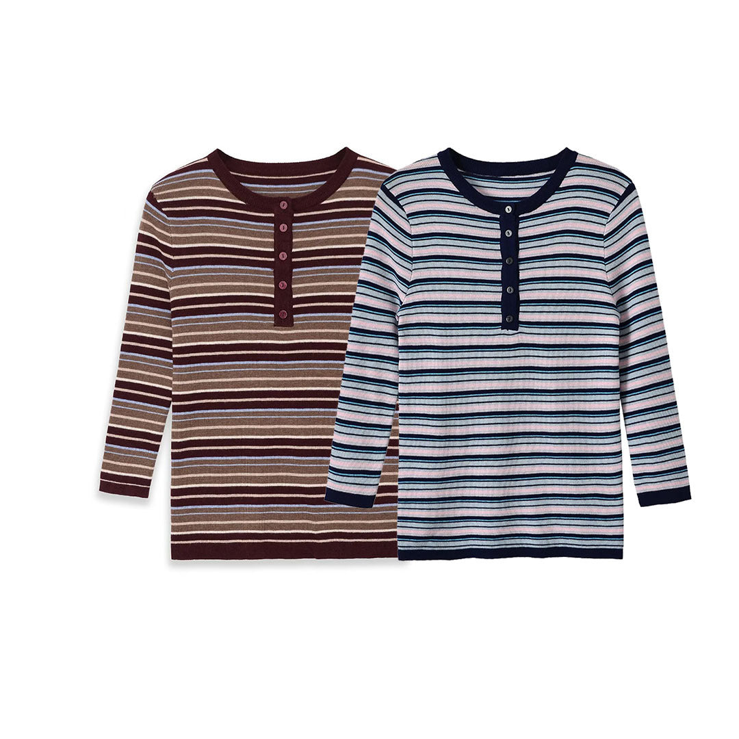 Damen Feinstrick-Henleyshirt mit feiner Streifenstruktur und Knopfblende Echoarchiv